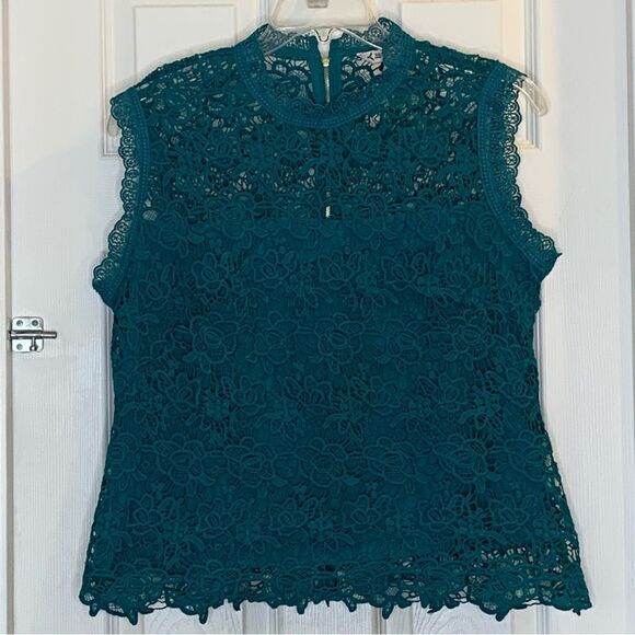 Nanette Lepore Sleeveless Mockneck Embroidered Lace Top Deep Lake Blue Size XL - Picture 2 of 10